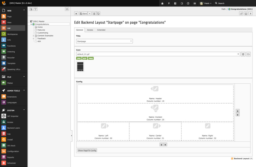 TYPO3 8.1 BE Layout Wizard